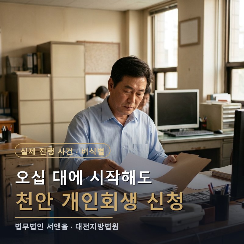 천안개인회생 50대 사무직 성공 사례｜정년 임박 소득 계속성 입증해 개시받은 이유 — 이해를 돕기 위한 연출 이미지